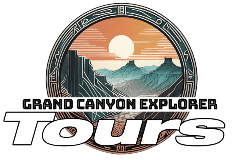 Logo with sunset over canyon, text: Grand Canyon Explorer Tours.