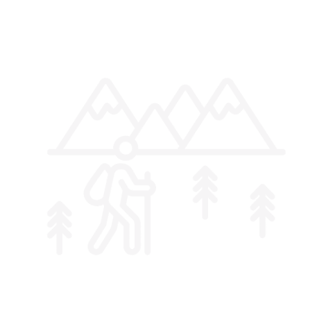 Icon of a hiker with a backpack and stick, trekking in mountains.